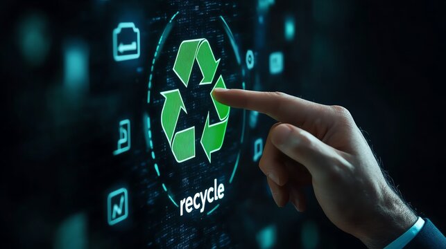 Hand pressing recycle button on digital screen, green eco-friendly concept.
