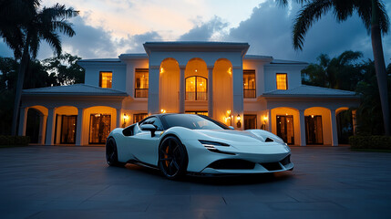 Luxury white sports car in front of a modern house at dusk.