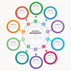 Business infographics template. Timeline with 10 steps, label and marketing icons. Vector illustration.