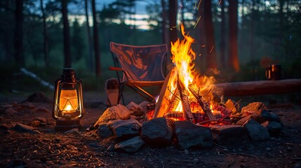 A campfire with a lamp and a camping lantern arranged around it
