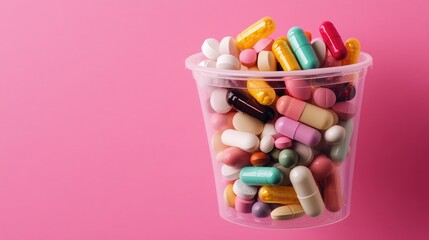 Colorful assortment of pills in a clear container