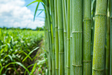 Fototapeta premium A close-up of tall, green sugarcane stalks with a lush field in the background under a bright blue sky.