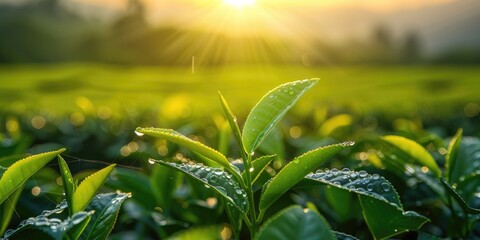 Close-up of lush green leaves with dew drops in sunlight.