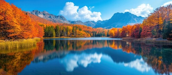 Naklejka premium A serene mountain lake surrounded by vibrant autumn foliage, reflecting the blue sky and fluffy clouds.