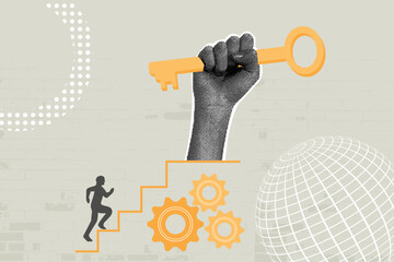 Contemporary halftone collage. Concept of success, key to success, business ladder to achieve career goal, businessman climbing to the top of the ladder. Business creative illustration for web banner