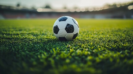Fototapeta premium A classic black and white soccer ball rests on a lush green field. The bright sunlight casts a warm glow on the ball, highlighting its texture and details.