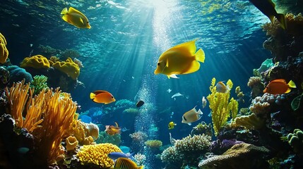 Fototapeta premium Colorful fish swim in a vibrant coral reef with sunlight streaming down.