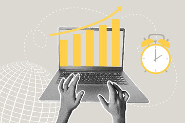 Modern halftone collage. Workspace concept, resource and budget planning, project schedule, employee participation concept. Trendy pop art illustration with halftone elements.