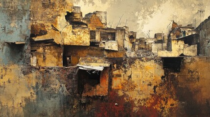 Abstract depiction of poverty with fractured shapes and worn textures, forming a stunning visual display on a dynamic background
