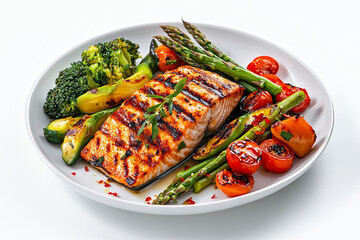 A plate of healthy food, grilled salmon with asparagus and vegetables on a white background