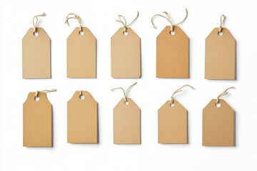 A set of blank cardboard tag mockups on a white background