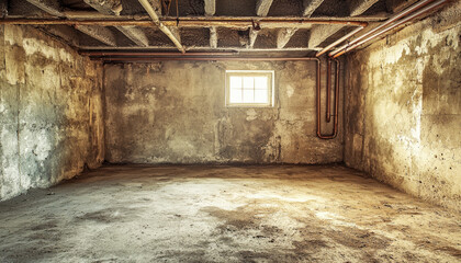Obraz premium An empty, dimly lit basement with concrete walls and a small window, showcasing a utilitarian and industrial space.