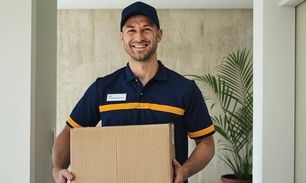 Courier Delivering Package: A delivery courier, male or female, holding a package and smiling, standing in a plain background setting, wearing a uniform with a cap and a name tag.