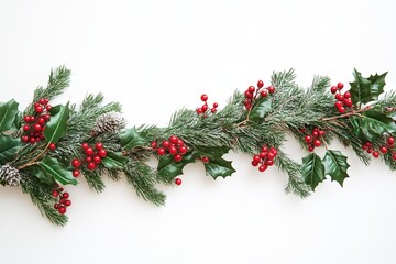 A beautiful Christmas garland featuring red berries, pine cones, and lush green foliage, perfect for holiday decoration.