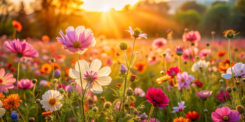 vibrant field of wildflowers blooms under warm sunlight, creating picturesque scene filled with colorful petals and lush greenery. golden hour enhances beauty of nature, evoking sense of tranquility