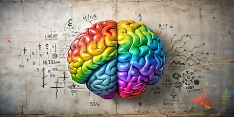 colorful brain illustration against textured wall, symbolizing creativity and logic. vibrant colors represent diverse thoughts and ideas, surrounded by mathematical equations and diagrams