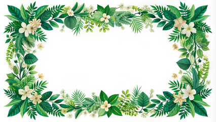 Fototapeta premium beautiful floral border frame featuring lush green leaves and delicate white flowers, perfect for adding touch of nature to any design project
