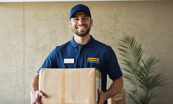 Courier Delivering Package: A delivery courier, male or female, holding a package and smiling, standing in a plain background setting, wearing a uniform with a cap and a name tag.
