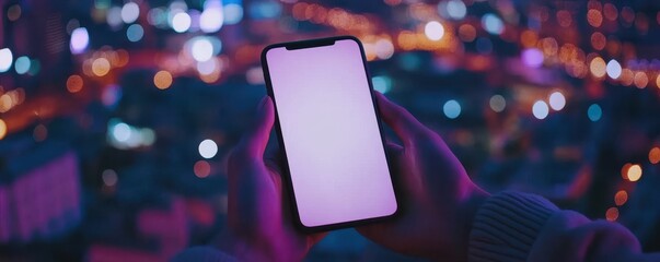Hand holding using touch mobile phone white screen mockup,street neon light and city view,business standing in office using smartphone,Night scene,copy space for text.
