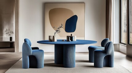 Modern minimalist dining room, large abstract canvas art, blue and beige tones, round blue dining table, curved blue upholstered chairs, circular blue ottoman, light wood floors, white walls, natural 