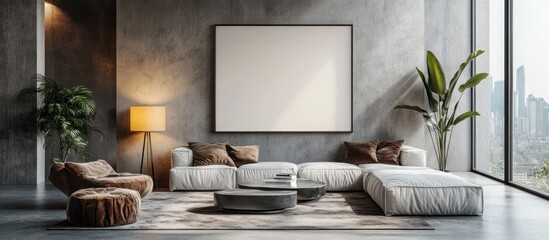 Modern living room with large white couch, a  large blank canvas, and a view of a city skyline.