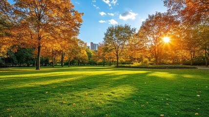 Colorful autumn Park with city view red and yellow maple trees and blue sky,Autumn forest path,Lawn in autumn city park in Sunny day,Trees with yellow leaves in park,Natural Wallpaper.