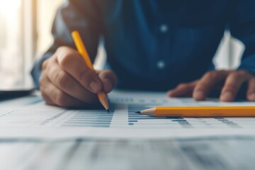 A person reviewing and marking data on printed charts with a pencil, focusing on analysis and financial planning.