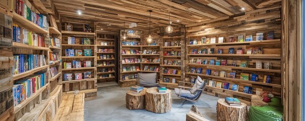 Obraz premium An eco-conscious bookstore that offers books printed on recycled paper, with shelves and furniture made from reclaimed wood