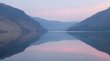 Fototapeta premium Calm, still lake with mountain reflections in pastel pink and blue light of dawn.