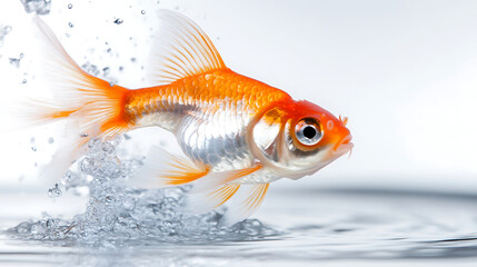 Beautiful goldfish jumping out of water on white background 