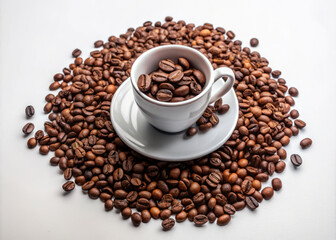 Fototapeta premium cup filled with coffee beans surrounded by generous spread of roasted coffee beans creates rich and inviting scene. warm tones evoke sense of comfort and indulgence
