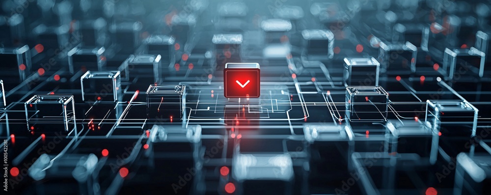Poster a digital landscape featuring a grid of connected devices, with one device highlighted in red to sym