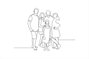 continuous line drawing of a family posing with a child