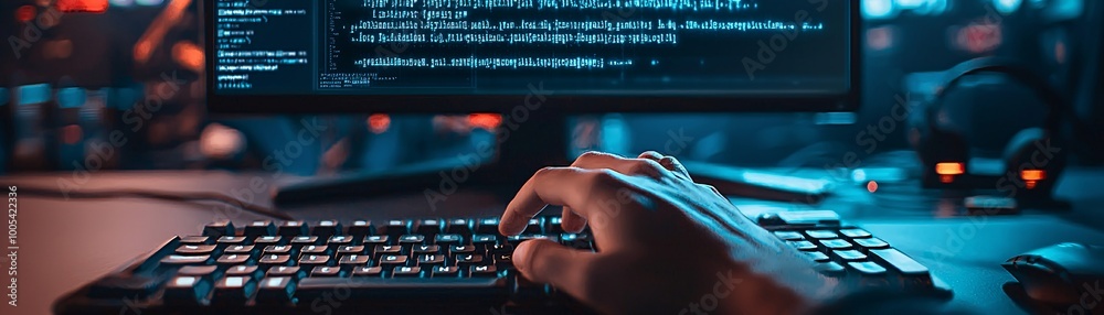 Poster a hackerâ€™s hand typing on a keyboard in a dimly lit room, with a computer screen displaying lines 