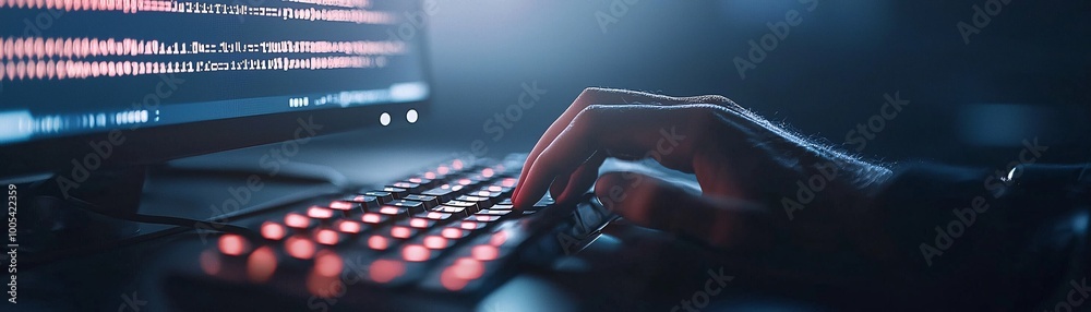 Poster a hackerâ€™s hand typing on a keyboard in a dimly lit room, with a computer screen displaying lines 