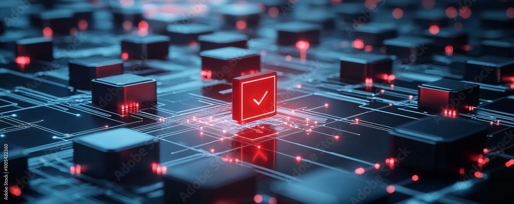 Poster a digital landscape featuring a grid of connected devices, with one device highlighted in red to sym