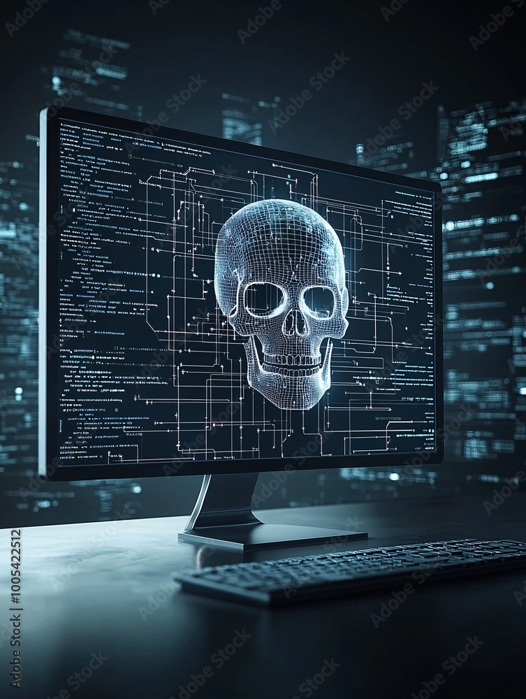 Poster a computer screen displaying a digital skull, representing the concept of a cyber attack, set agains