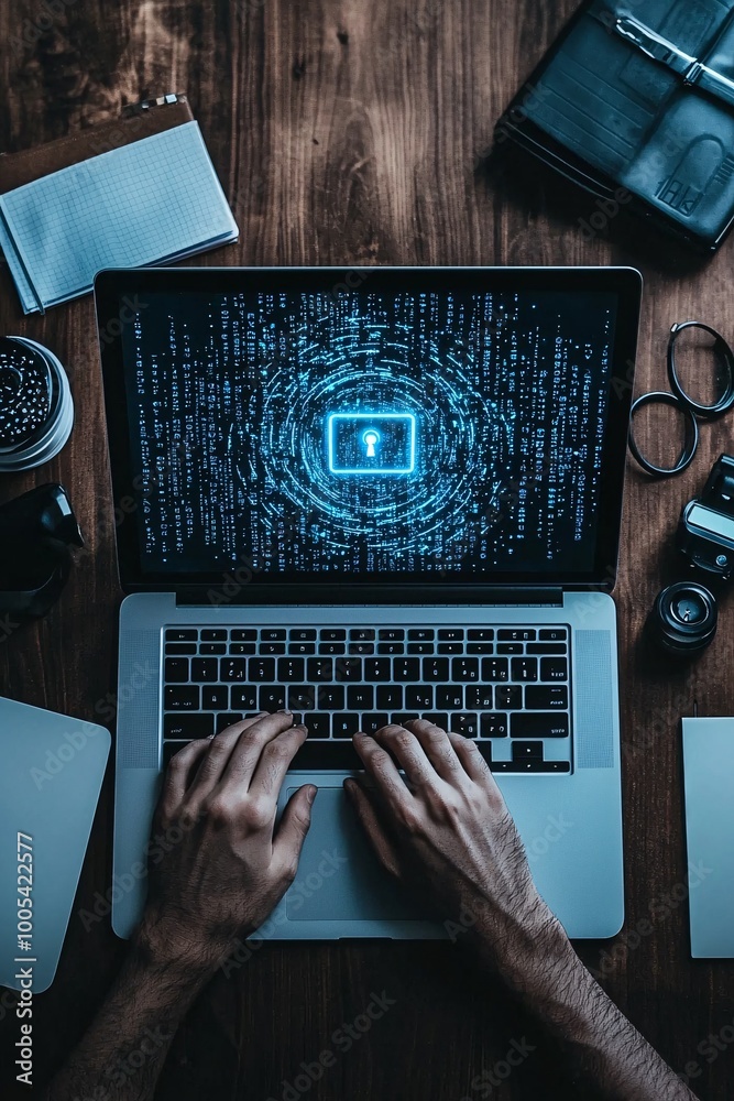 Poster a top-down view of a workspace with a laptop showing a cyber attack warning, surrounded by notebooks