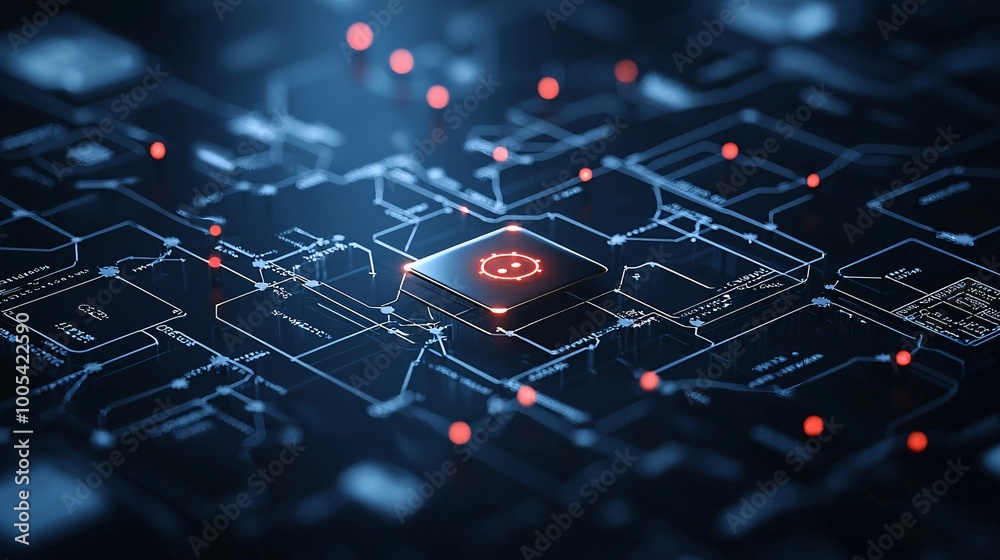 Poster a digital interface with a network map showing a spreading cyber attack, with one node highlighted i