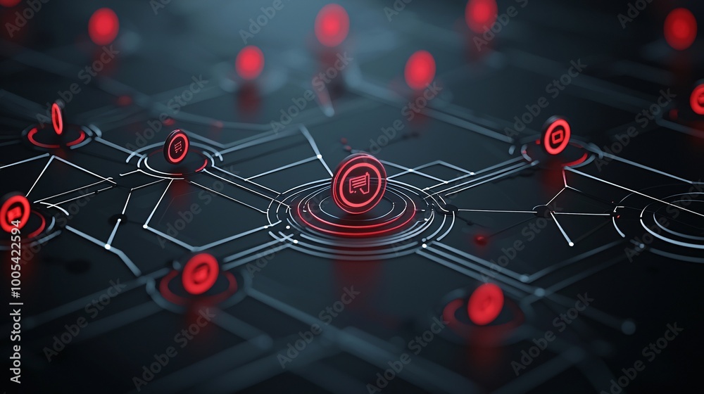 Poster a digital interface with a network map showing a spreading cyber attack, with one node highlighted i