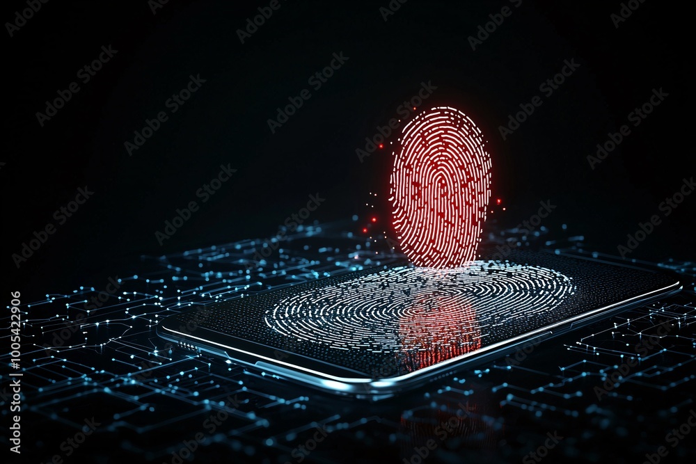Poster a digital fingerprint on a touchscreen with a red overlay, representing unauthorized access during a