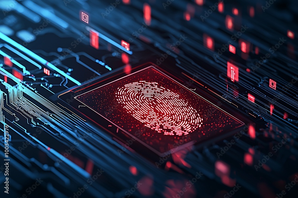 Poster a digital fingerprint on a touchscreen with a red overlay, representing unauthorized access during a