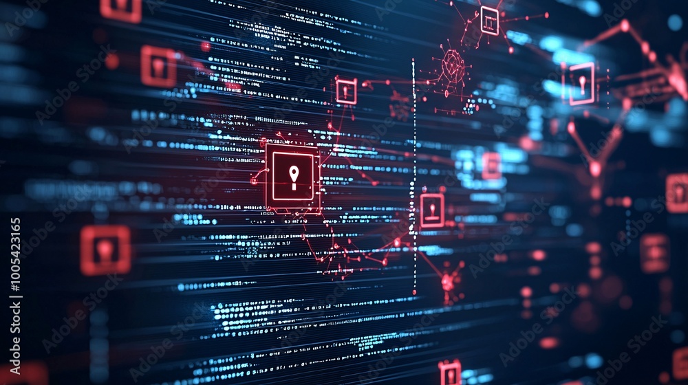 Poster a close-up of a computer screen displaying red warning signs and code, indicating a cyber attack in 