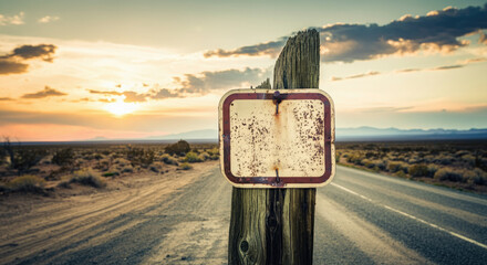 Weathered rusty blank metal sign on a wooden post in a highway or road.