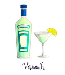 Vermouth bottle and glass of alcohol drink beverage, vector cartoon icon. Vermouth bottle and glass of cocktail drink Margarita with lemon slice for alcohol drink bar menu or party celebration