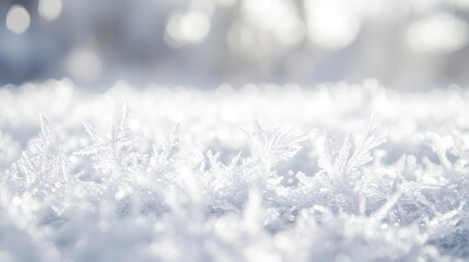 A close-up of delicate frost crystals glistening on a snowy surface.
