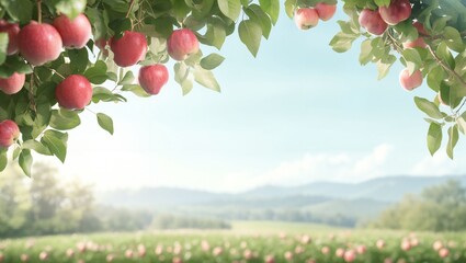 The image captures vibrant red apples clustered on leafy branches, with a beautiful blurred field in the background, evoking a calm, pastoral atmosphere amidst nature's bounty.