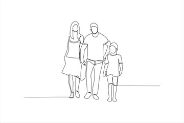 continuous line drawing of a family with child walking