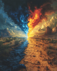 fiery desert landscape with split sky, dramatic clouds, and rock formations