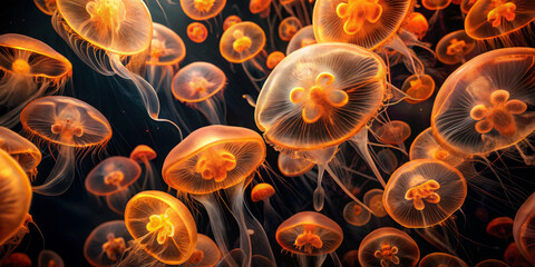 Glowing jellyfish swim gracefully in dark ocean, creating mesmerizing display of orange hues. Their ethereal beauty captivates and enchants, showcasing natures wonders